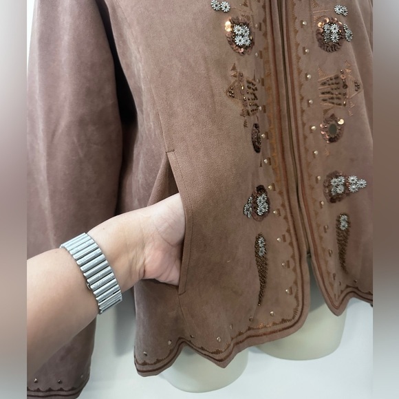 Vintage Allison Daley Women’s 10 Brown Embroidered Zip Jacket Sequins + Pockets - Picture 9 of 14